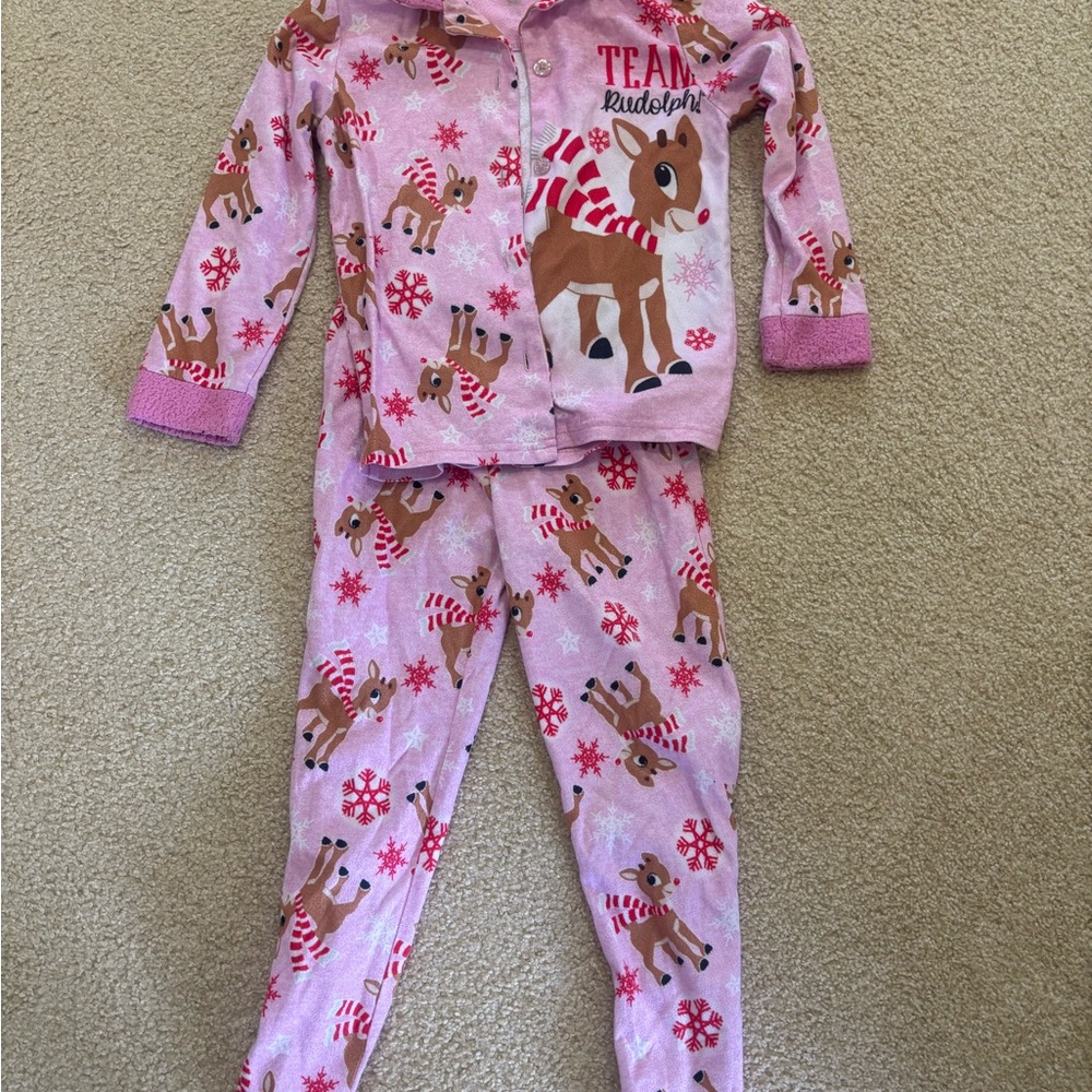 Toddler Girls XS (4-5T) Pink Kids Reindeer Pajama Set - Team Rudolph
